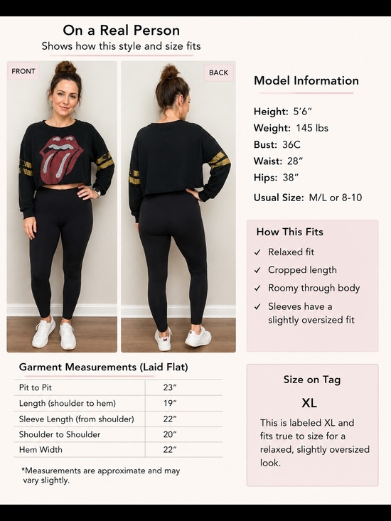 the Rolling Stones Tops - Rolling Stones XL Cropped Graphic Sweatshirt Black Band Tee Long Sleeve Rock & R